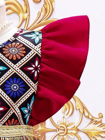 Young Girl Floral Printed Ruffle Armhole Dress With Crossbody Bag Included