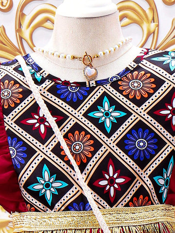 Young Girl Floral Printed Ruffle Armhole Dress With Crossbody Bag Included