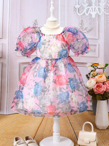 Young Girl Floral Printed Short Sleeve Round Neck Summer Dress