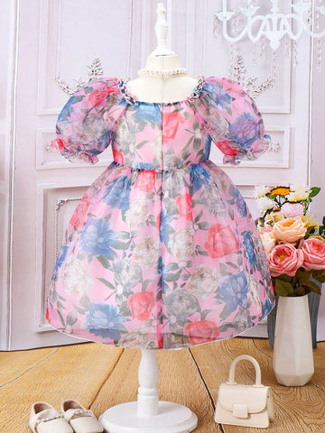 Young Girl Floral Printed Short Sleeve Round Neck Summer Dress