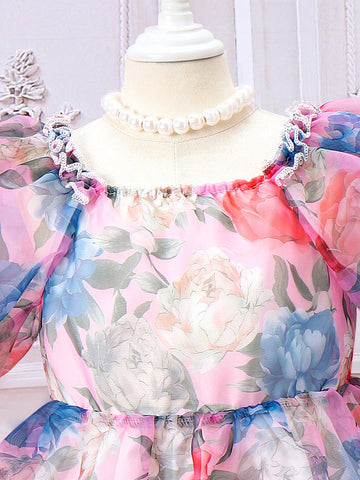 Young Girl Floral Printed Short Sleeve Round Neck Summer Dress