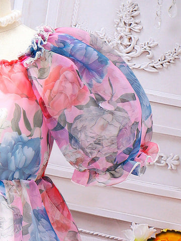 Young Girl Floral Printed Short Sleeve Round Neck Summer Dress