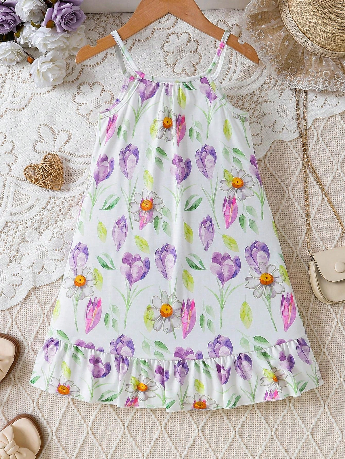 Young Girl Floral Printed Spaghetti Strap Dress For Summer