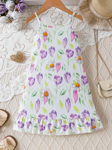 Young Girl Floral Printed Spaghetti Strap Dress For Summer