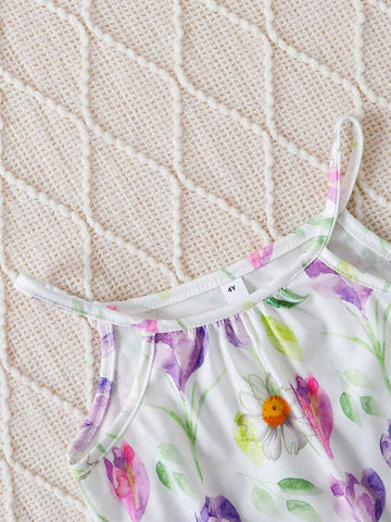 Young Girl Floral Printed Spaghetti Strap Dress For Summer