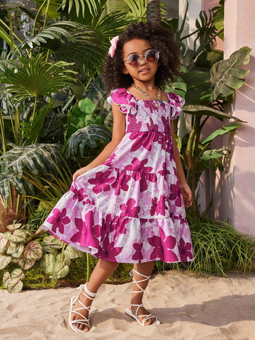 Young Girl Floral Printed Square Neck Vacation Dress With Extended Flutter Sleeves