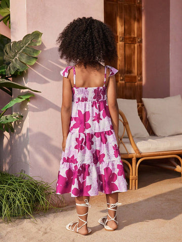 Young Girl Floral Printed Square Neck Vacation Dress With Extended Flutter Sleeves