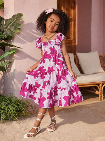 Young Girl Floral Printed Square Neck Vacation Dress With Extended Flutter Sleeves