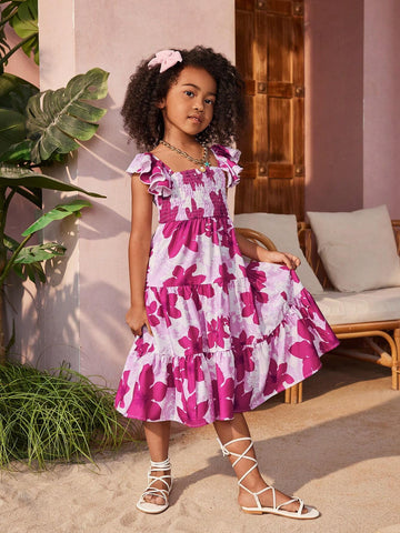 Young Girl Floral Printed Square Neck Vacation Dress With Extended Flutter Sleeves