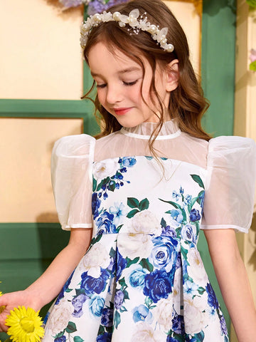 Young Girl Floral Printed Woven Splice Mesh Short Sleeve Fitted Dress
