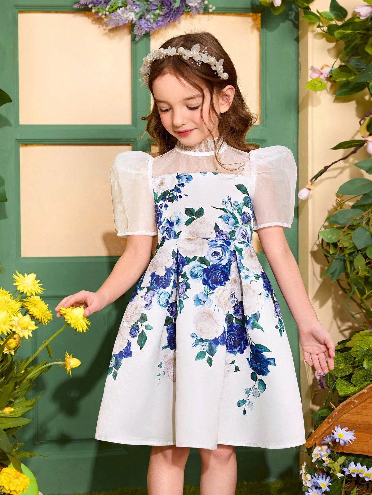 Young Girl Floral Printed Woven Splice Mesh Short Sleeve Fitted Dress