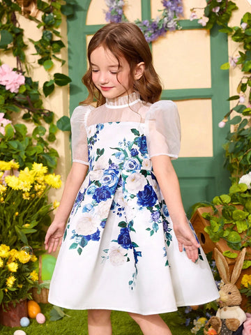 Young Girl Floral Printed Woven Splice Mesh Short Sleeve Fitted Dress
