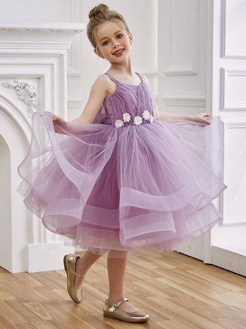 Young Girl Floral Purple Mesh Princess Dress, Suitable For Birthday Party, Evening Party, Halloween Cosplay, Masquerade Ball, Flower Girl, Wedding, Holiday Celebration