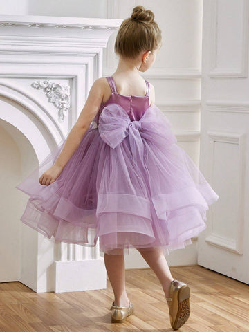 Young Girl Floral Purple Mesh Princess Dress, Suitable For Birthday Party, Evening Party, Halloween Cosplay, Masquerade Ball, Flower Girl, Wedding, Holiday Celebration