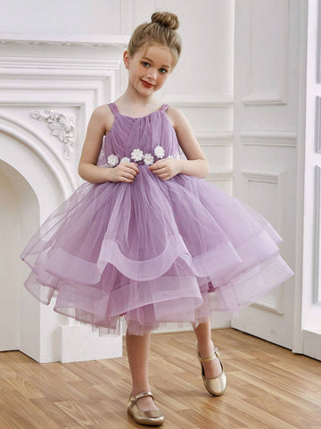 Young Girl Floral Purple Mesh Princess Dress, Suitable For Birthday Party, Evening Party, Halloween Cosplay, Masquerade Ball, Flower Girl, Wedding, Holiday Celebration
