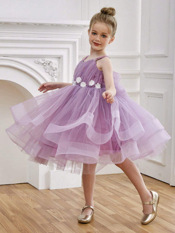 Young Girl Floral Purple Mesh Princess Dress, Suitable For Birthday Party, Evening Party, Halloween Cosplay, Masquerade Ball, Flower Girl, Wedding, Holiday Celebration