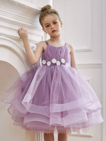 Young Girl Floral Purple Mesh Princess Dress, Suitable For Birthday Party, Evening Party, Halloween Cosplay, Masquerade Ball, Flower Girl, Wedding, Holiday Celebration