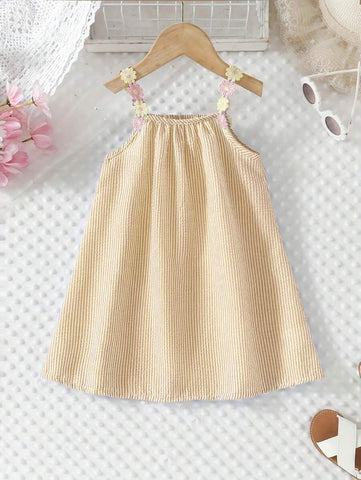 Young Girl Floral Strap Casual Loose Sleeveless A-Line Striped Summer Beach Dress