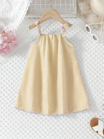 Young Girl Floral Strap Casual Loose Sleeveless A-Line Striped Summer Beach Dress