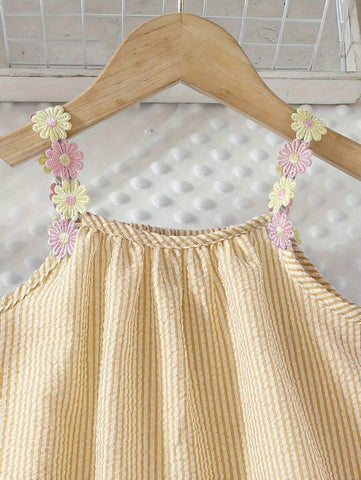 Young Girl Floral Strap Casual Loose Sleeveless A-Line Striped Summer Beach Dress