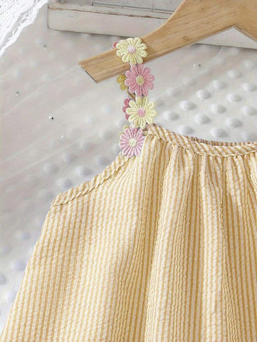 Young Girl Floral Strap Casual Loose Sleeveless A-Line Striped Summer Beach Dress