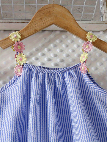 Young Girl Floral Strap Casual Loose Sleeveless A-Line Striped Sundress, Suitable For Holiday Beach, Summer