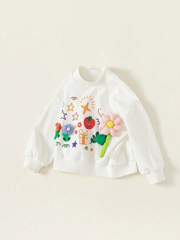 Young Girl Floral Sweatshirt, 3D Flower Decor Trendy Versatile Top