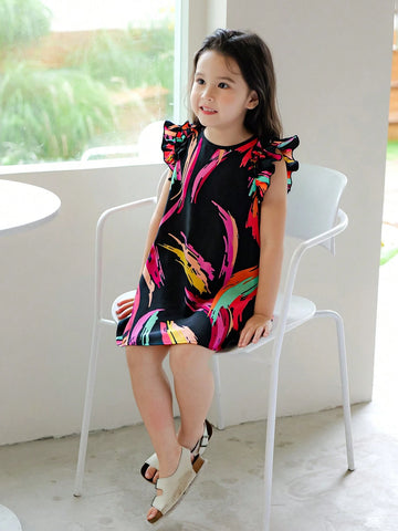 Young Girl Floral Weave Round Neck Ruffle Trim Loose Casual Dress