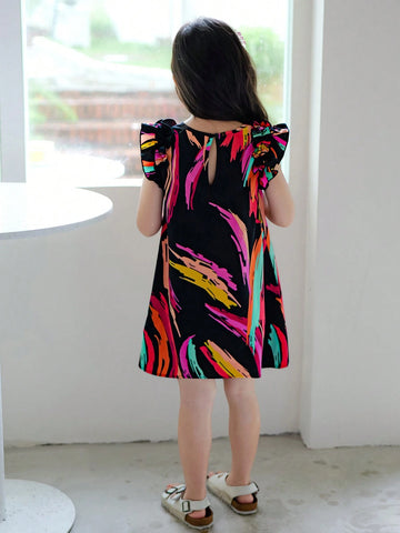 Young Girl Floral Weave Round Neck Ruffle Trim Loose Casual Dress