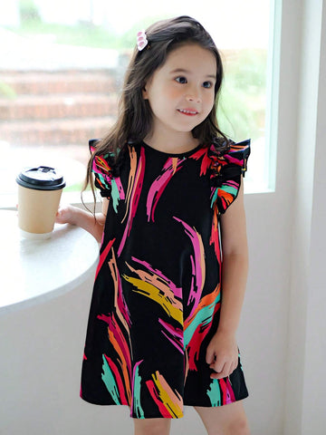 Young Girl Floral Weave Round Neck Ruffle Trim Loose Casual Dress