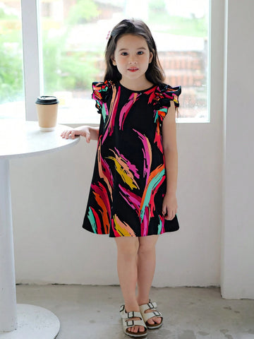 Young Girl Floral Weave Round Neck Ruffle Trim Loose Casual Dress