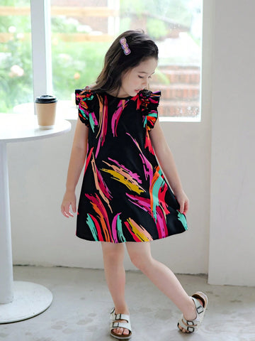 Young Girl Floral Weave Round Neck Ruffle Trim Loose Casual Dress