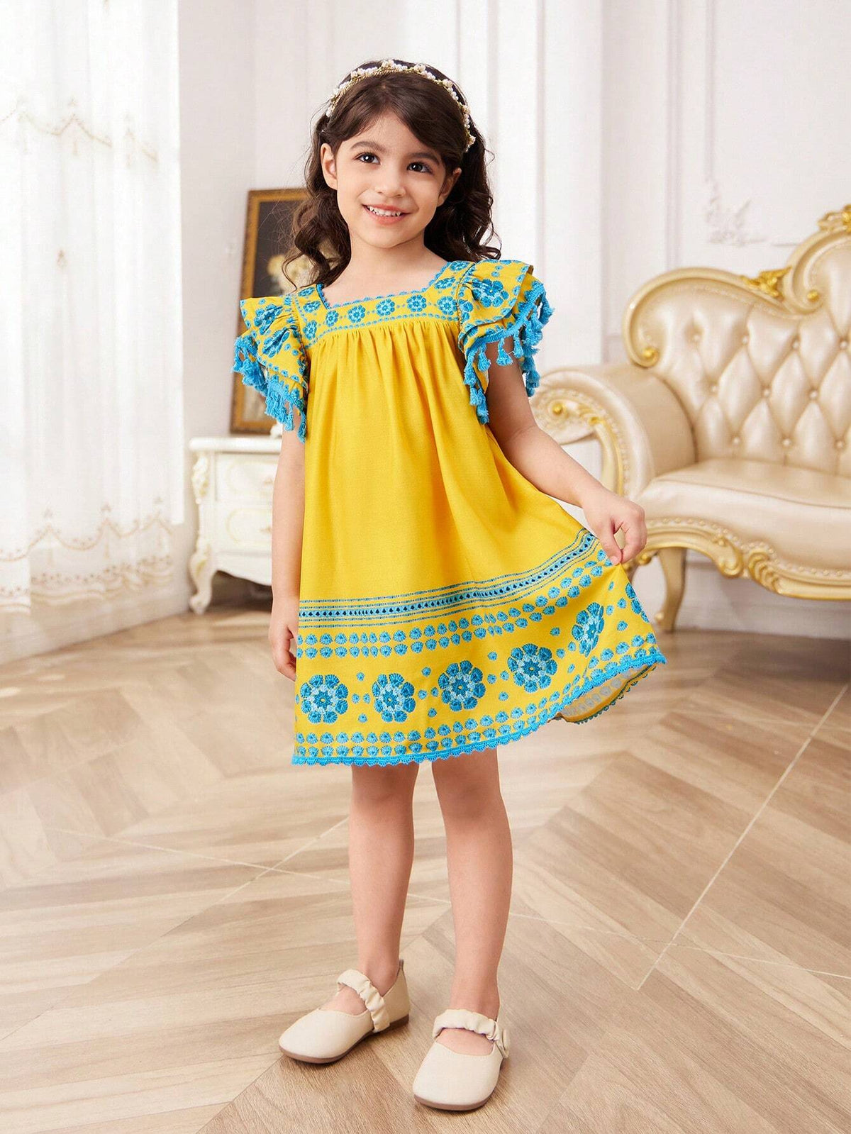 Young Girl Floral Weave Square Neck Cap Sleeve Casual Holiday Dress