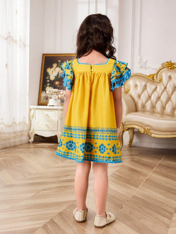 Young Girl Floral Weave Square Neck Cap Sleeve Casual Holiday Dress