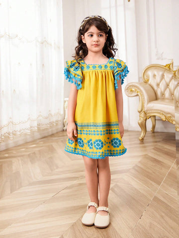 Young Girl Floral Weave Square Neck Cap Sleeve Casual Holiday Dress