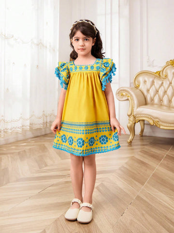 Young Girl Floral Weave Square Neck Cap Sleeve Casual Holiday Dress