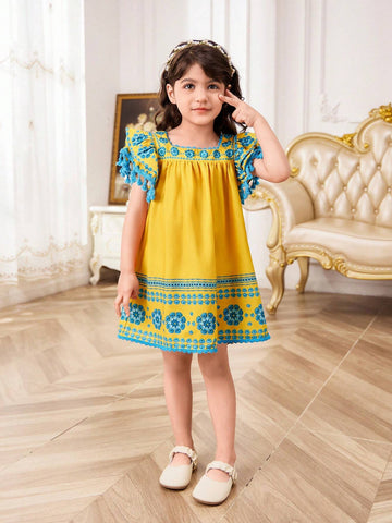 Young Girl Floral Weave Square Neck Cap Sleeve Casual Holiday Dress