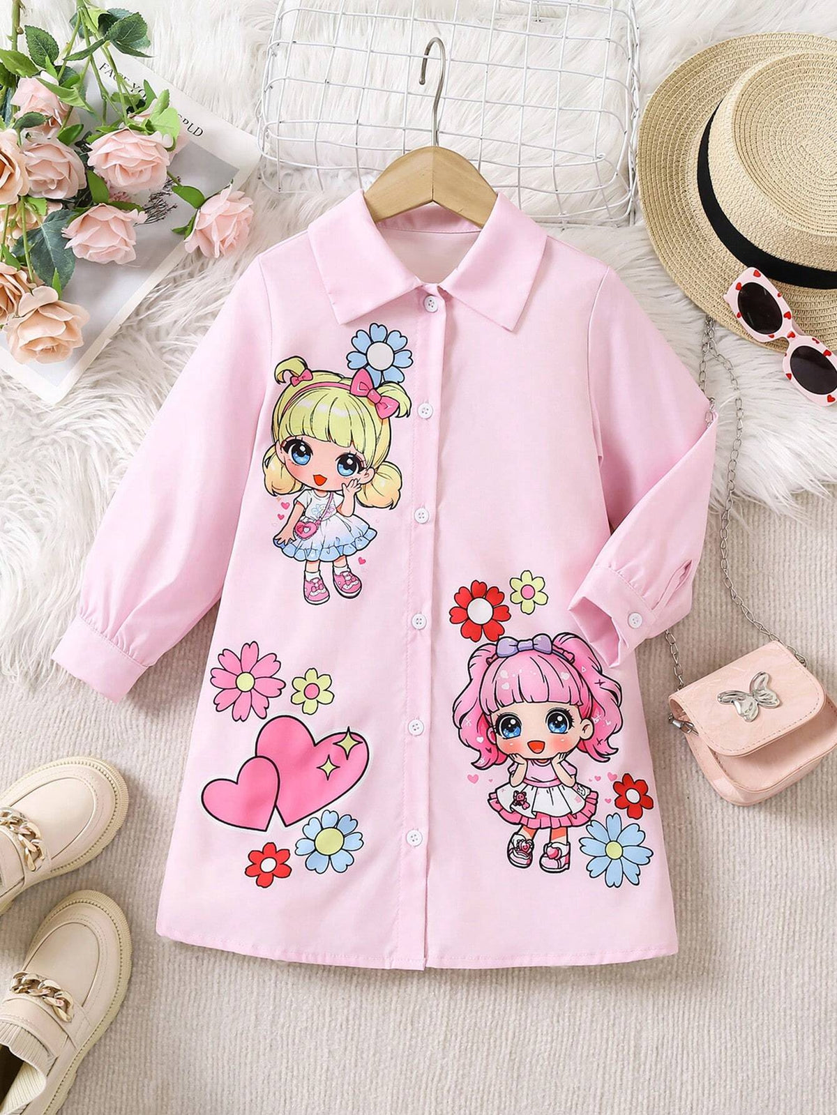 Young Girl Floral & Cartoon Prints Long Sleeve Button Down Casual Shirt Dress