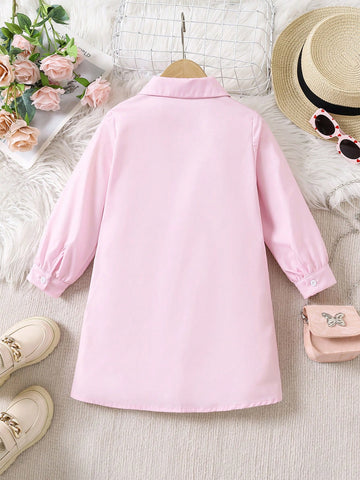 Young Girl Floral & Cartoon Prints Long Sleeve Button Down Casual Shirt Dress