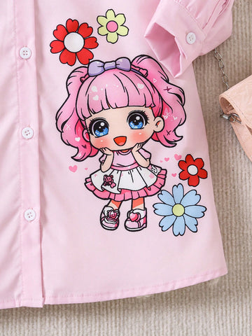 Young Girl Floral & Cartoon Prints Long Sleeve Button Down Casual Shirt Dress