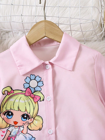 Young Girl Floral & Cartoon Prints Long Sleeve Button Down Casual Shirt Dress