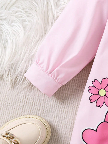 Young Girl Floral & Cartoon Prints Long Sleeve Button Down Casual Shirt Dress