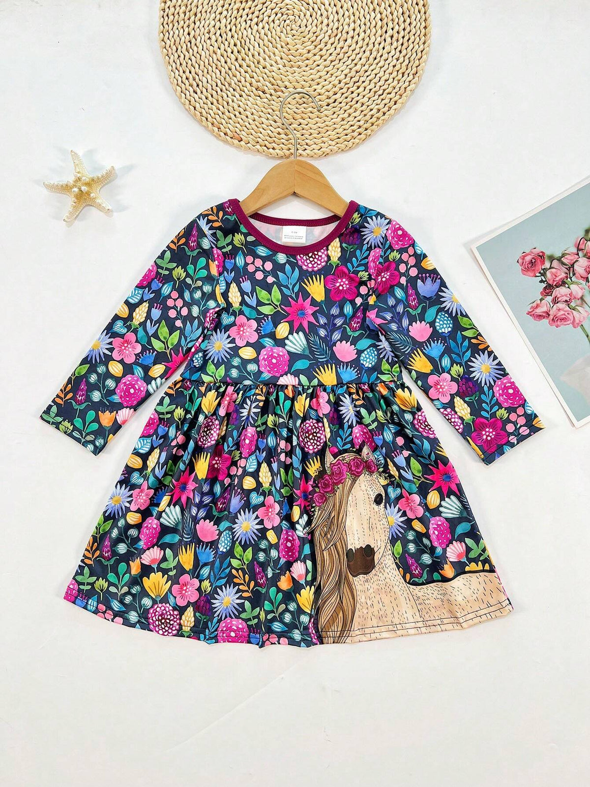 Young Girl Flower Digital Print Cartoon Horse Head Long Sleeve Casual Dress, Autumn
