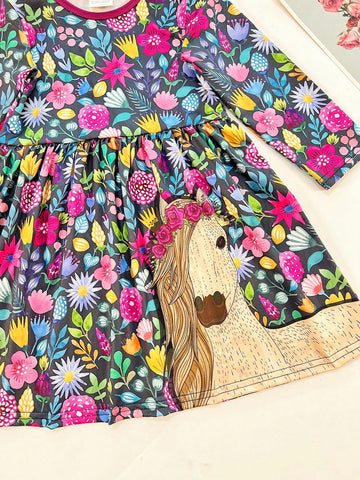 Young Girl Flower Digital Print Cartoon Horse Head Long Sleeve Casual Dress, Autumn