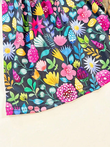 Young Girl Flower Digital Print Cartoon Horse Head Long Sleeve Casual Dress, Autumn
