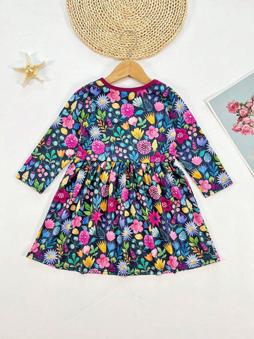 Young Girl Flower Digital Print Cartoon Horse Head Long Sleeve Casual Dress, Autumn