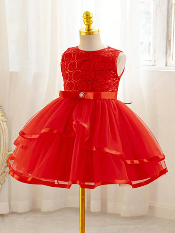 Young Girl Flower Girl Dress Red Sequin Mesh Red Festive Dress Birthday Party Party, Christmas