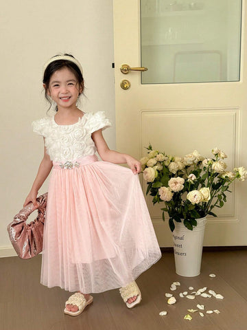 Young Girl Flower Girl Party Gorgeous 3D Flower Detail Contrast Mesh Long Dress
