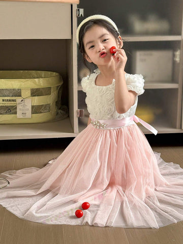 Young Girl Flower Girl Party Gorgeous 3D Flower Detail Contrast Mesh Long Dress