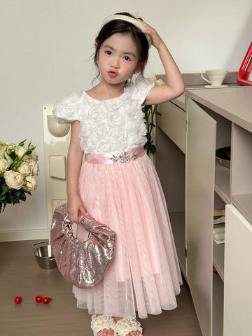 Young Girl Flower Girl Party Gorgeous 3D Flower Detail Contrast Mesh Long Dress